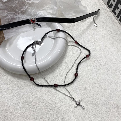 Necklace Leather Faux Choker Cross Rhinestone /