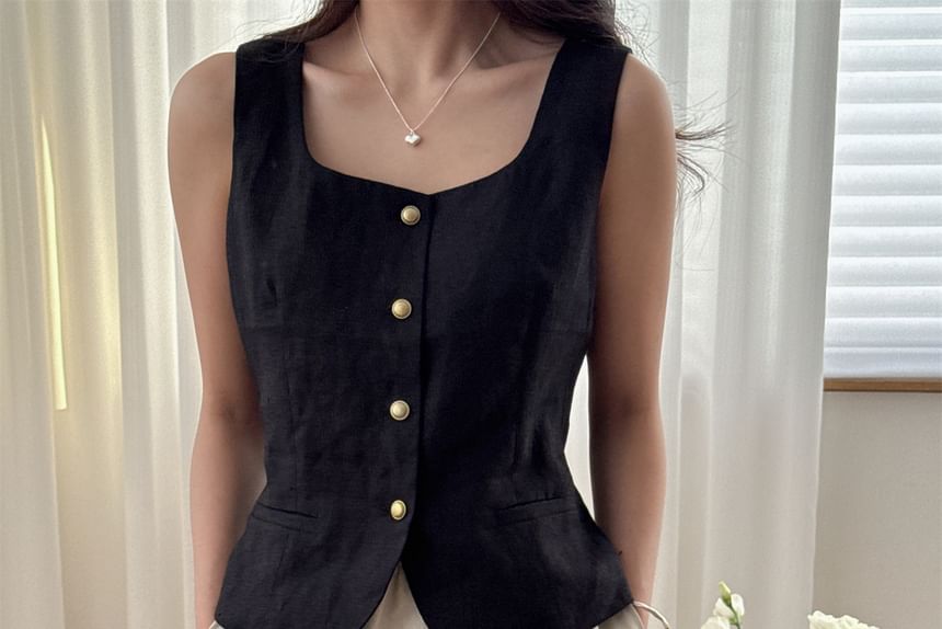 Scoop Neck Button Cropped Vest