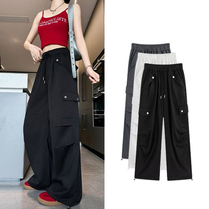 High Waist Pocketed Drawstring Wide Leg Parachute Cargo Sweatpants