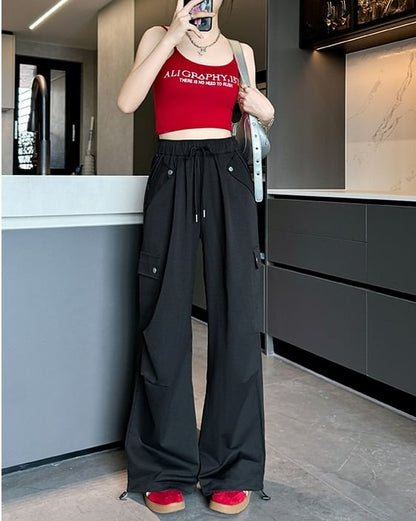 High Waist Pocketed Drawstring Wide Leg Parachute Cargo Sweatpants