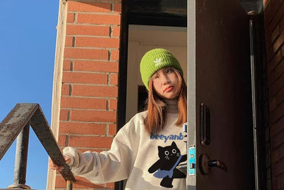 Crew Neck Cat Print Sweatshirt