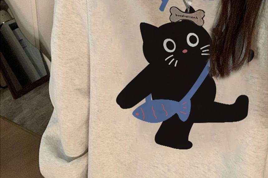 Crew Neck Cat Print Sweatshirt