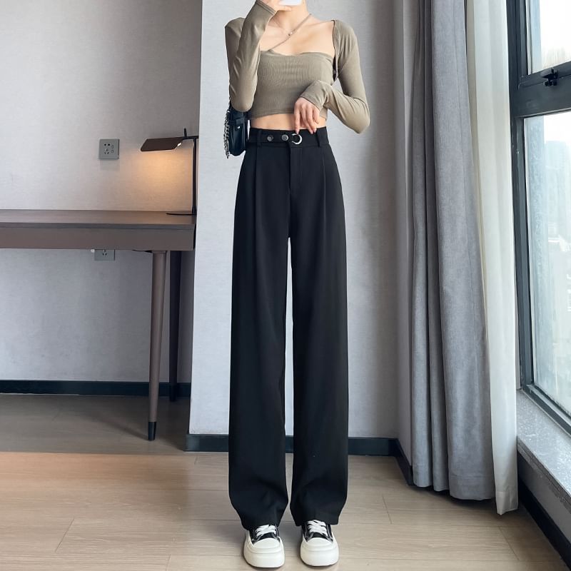 Waist Detail High Waist Straight Leg Slacks