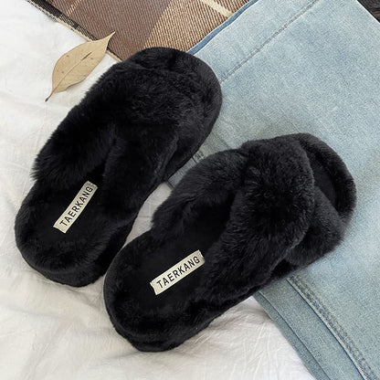 Fleece Cross Strap Slide Sandals