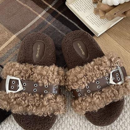 Fleece Buckled Slide Sandals