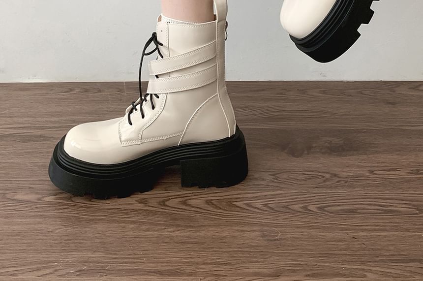 Platform Buckled Patent Leather Lace Up Short Boots