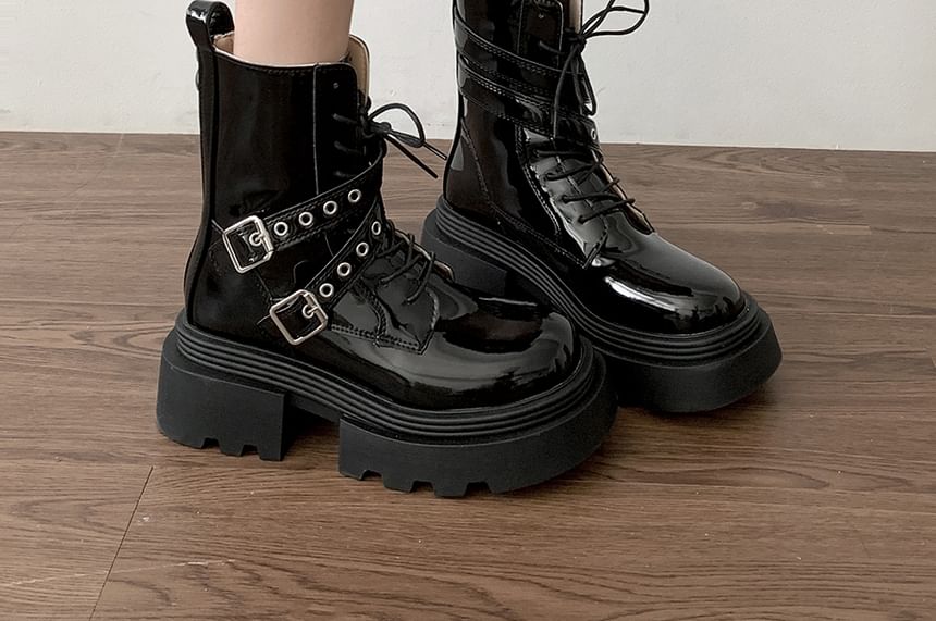 Platform Buckled Patent Leather Lace Up Short Boots