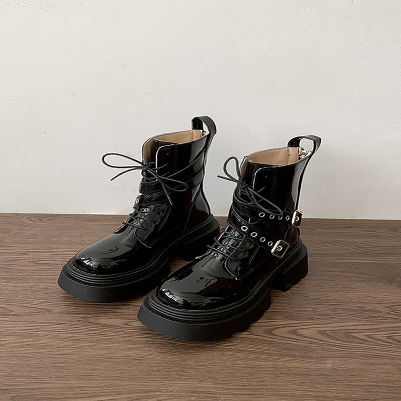 Platform Buckled Patent Leather Lace Up Short Boots