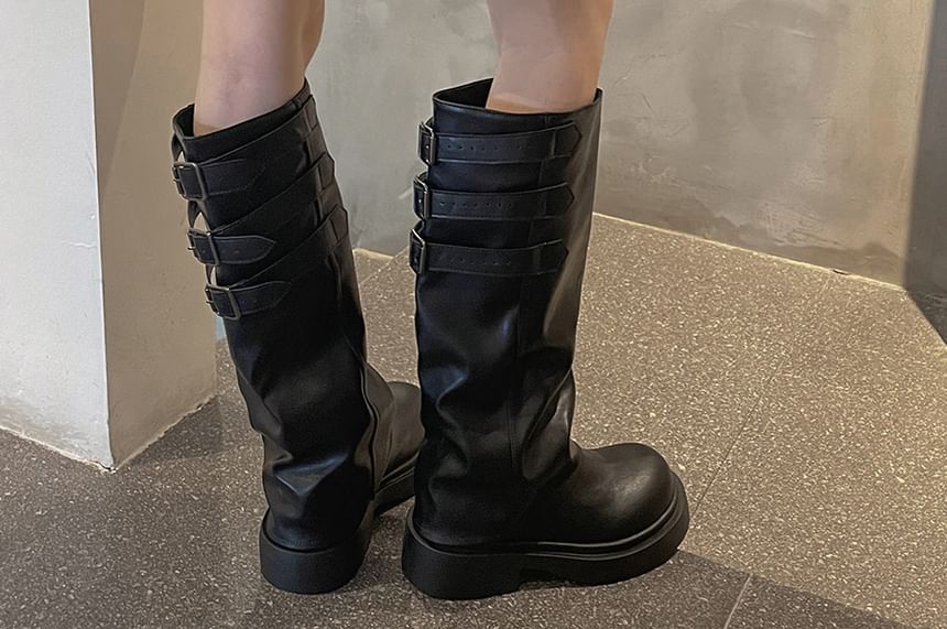 Platform Buckled Panel Knee High Boots