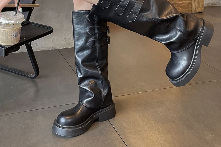 Platform Buckled Panel Knee High Boots