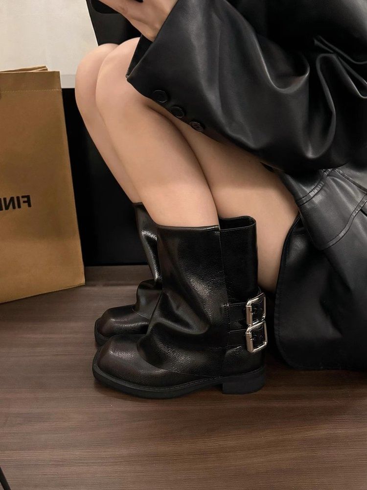 Square Toe Buckled Chunky Heel Mid-Calf Boots