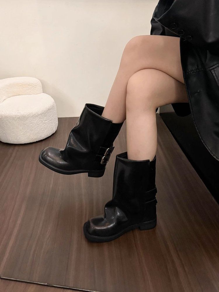 Square Toe Buckled Chunky Heel Mid-Calf Boots