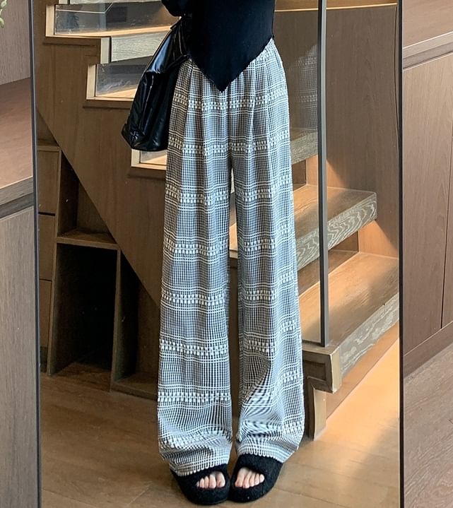 Embroidered Plaid High Waist Wide Leg Drape Pants