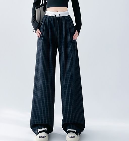 Plaid Panel High Waist Drawstring Wide Leg Pants