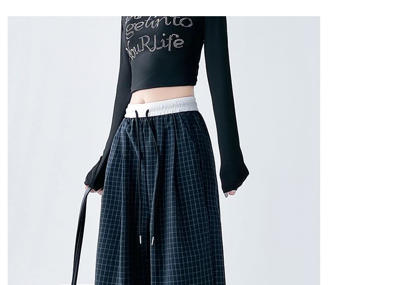 Plaid Panel High Waist Drawstring Wide Leg Pants