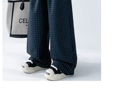 Plaid Panel High Waist Drawstring Wide Leg Pants