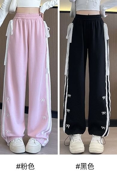 Bow Accent Lace Embroidered Mid Rise Sweatpants