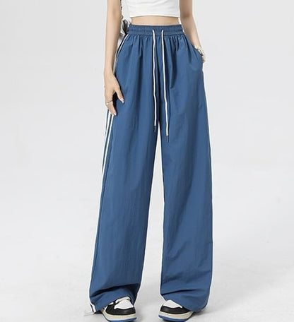 Stripe High Rise Drawstring Wide Leg Sweatpants