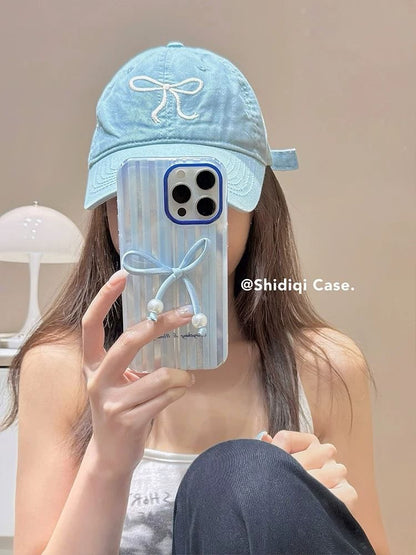 / Phone Striped Adhesive Pearl Faux Set Case Decoration Bow