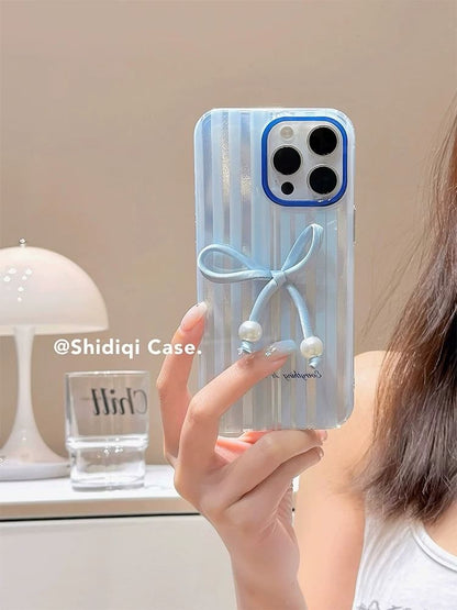 / Phone Striped Adhesive Pearl Faux Set Case Decoration Bow