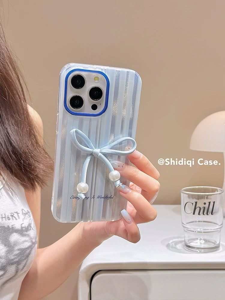 / Phone Striped Adhesive Pearl Faux Set Case Decoration Bow