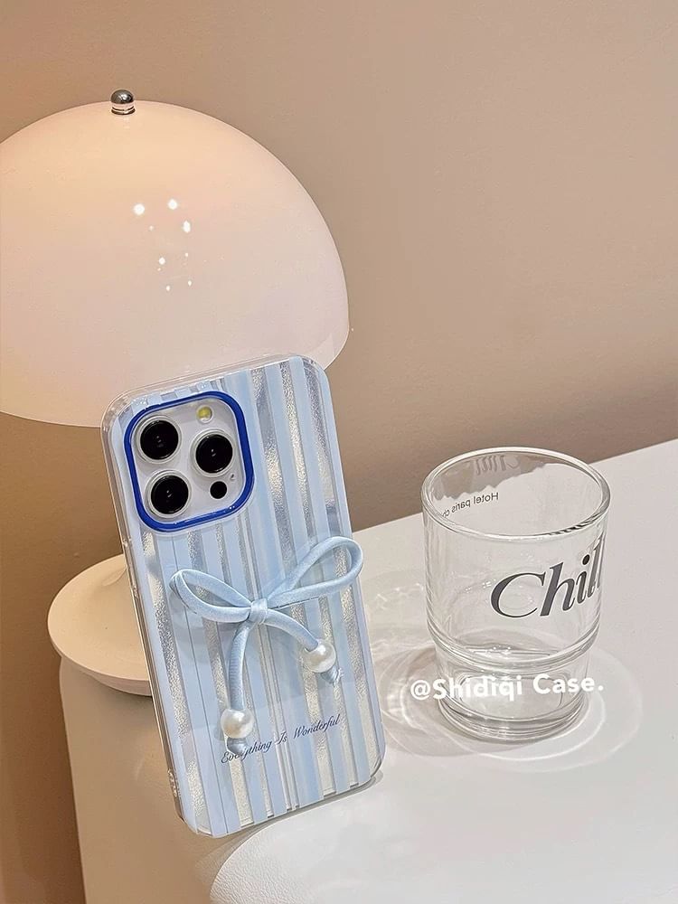 / Phone Striped Adhesive Pearl Faux Set Case Decoration Bow