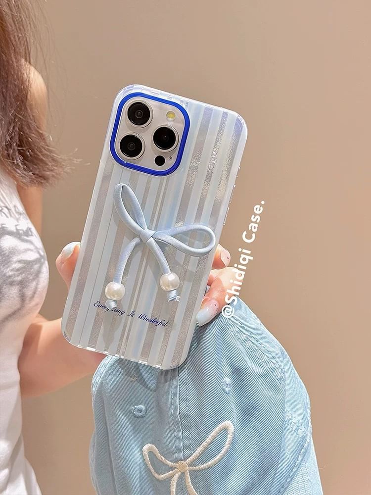 / Phone Striped Adhesive Pearl Faux Set Case Decoration Bow