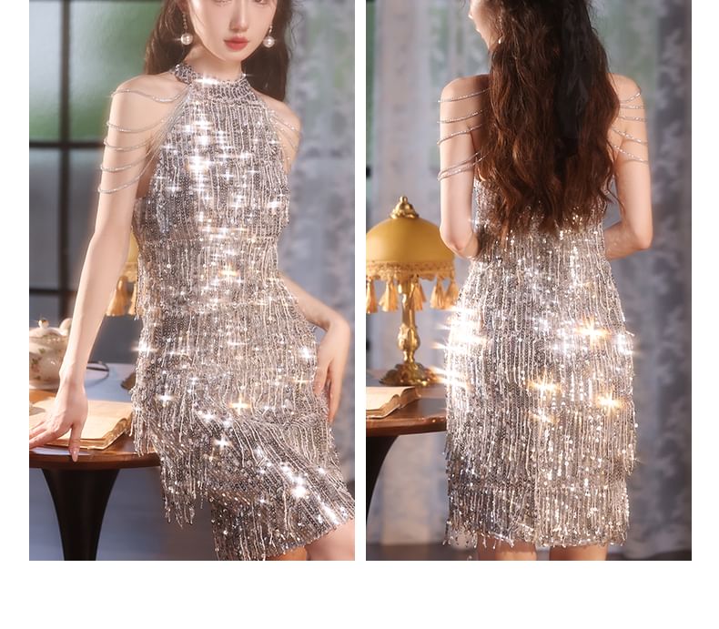 Halter Fringed Sequin Sheath Cocktail Dress