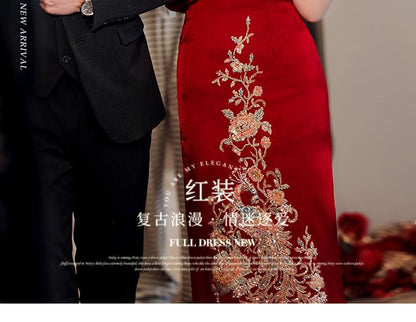 Short-Sleeve Slit Sequin Midi Chinese Wedding Qipao Dress