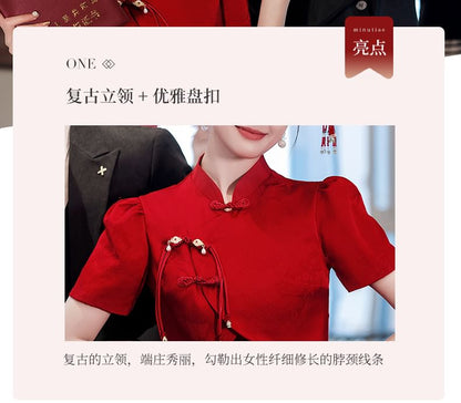 Short-Sleeve Slit Sequin Midi Chinese Wedding Qipao Dress