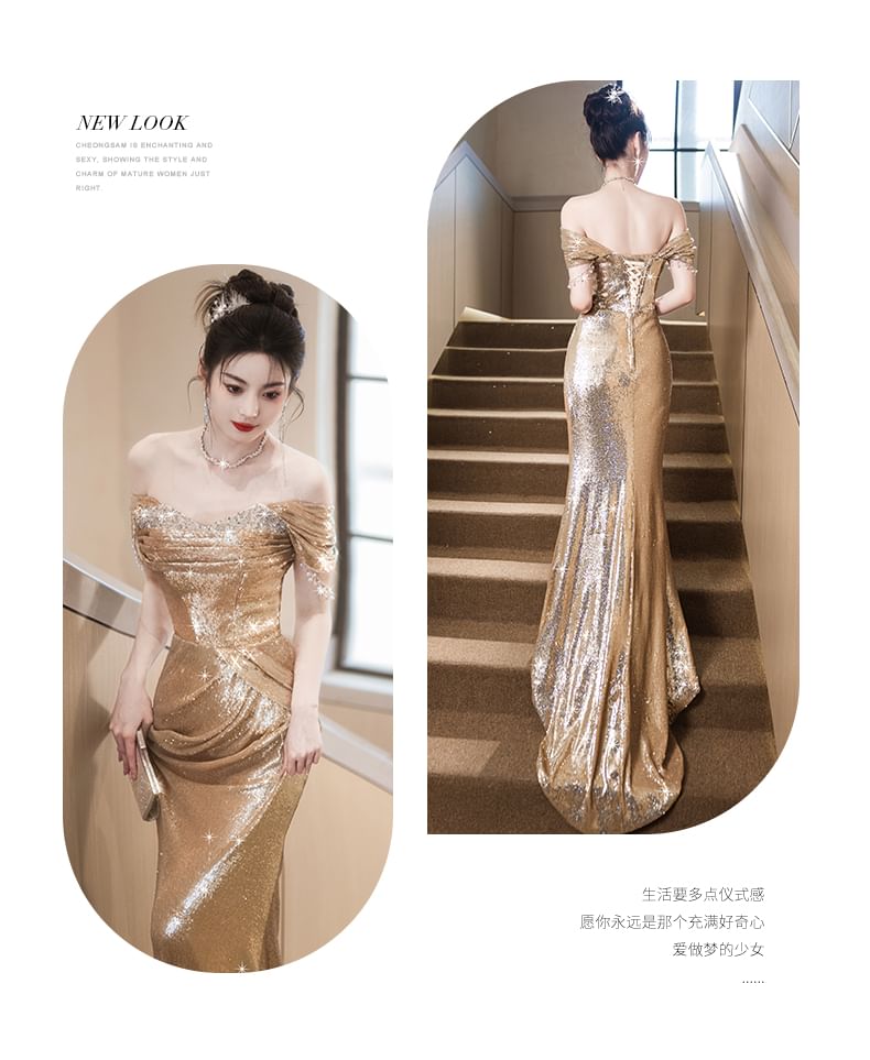 Cap-Sleeve Off-Shoulder Sequin Sheath Evening Gown