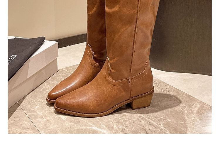 Tall Boots Leather Faux Heel Chunky