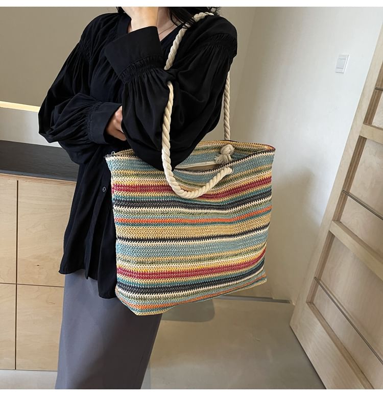 Striped Straw Tote Bag