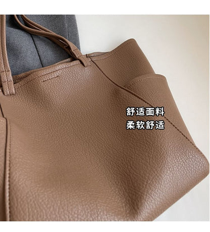 Set: Plain Faux Leather Tote Bag + Pouch