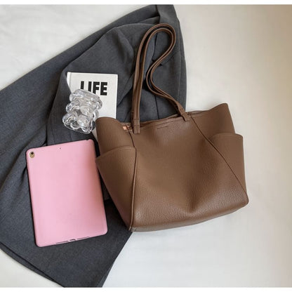 Set: Plain Faux Leather Tote Bag + Pouch