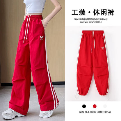 High Rise Bow Print Striped Loose-Fit Wide-Leg Sweatpants