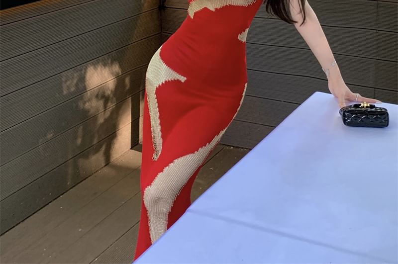 Scoop Patterned Sleeveless Neck Dress Back Maxi Open Bodycon