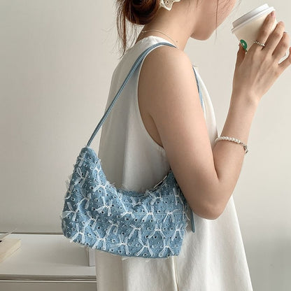 Bag Washed Bow Perforated Shoulder Denim