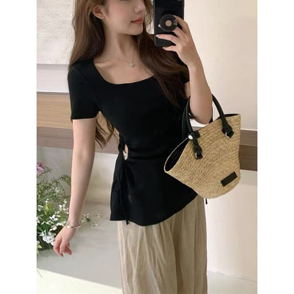 Short-Sleeve Scoop Neck Plain Cutout T-Shirt