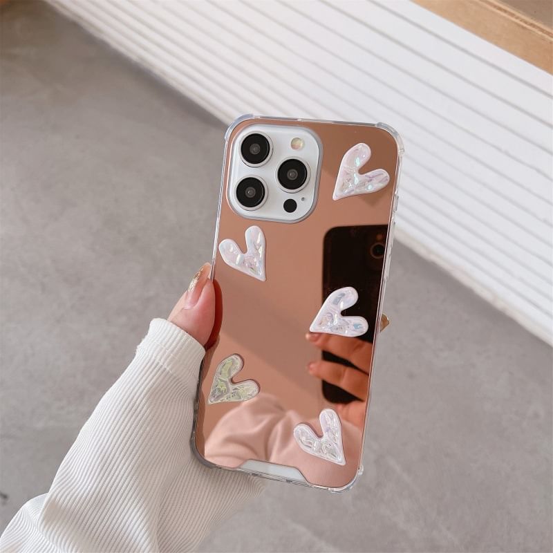 Heart Embossed Mirror Phone Case For iPhone 16, 16 Plus, 16 Pro, 16 Pro Max, 15, 15 Pro, 15 Pro Max, 14, 14 Plus, 14 Pro, 14 Pro Max, 13, 13 Pro, 13 Pro Max