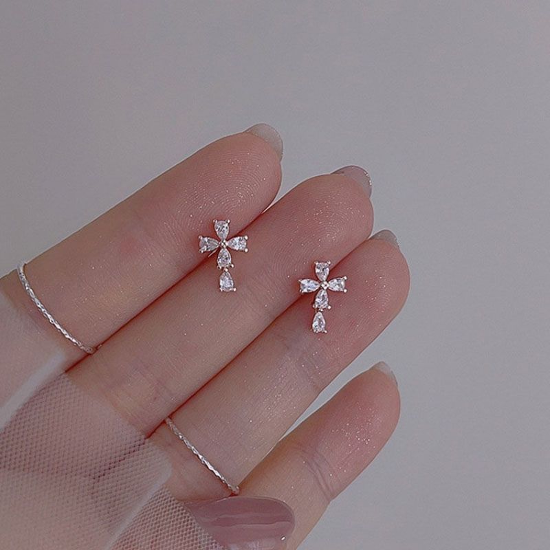 925 Sterling Silver Rhinestone Cross Stud Earring