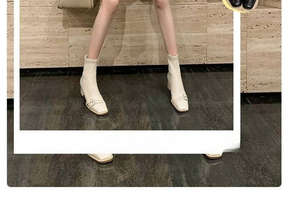 Square-Toe Short Buckled Boots Heel Chunky