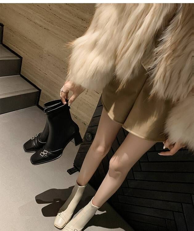 Square-Toe Short Buckled Boots Heel Chunky