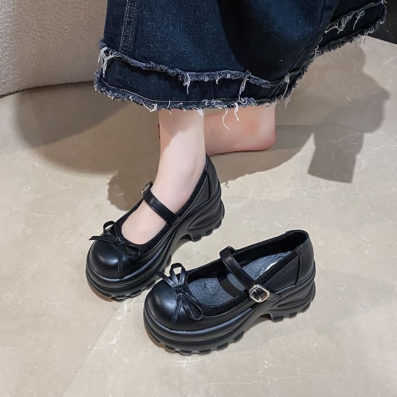 Leather Accent Mary Bow Jane Platform Faux Shoes