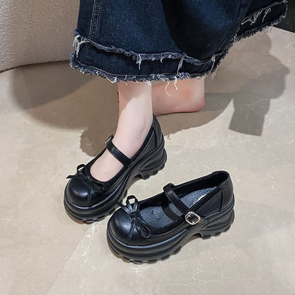 Leather Accent Mary Bow Jane Platform Faux Shoes