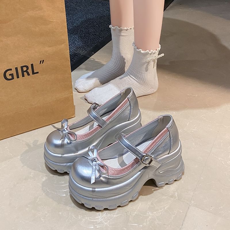 Leather Accent Mary Bow Jane Platform Faux Shoes