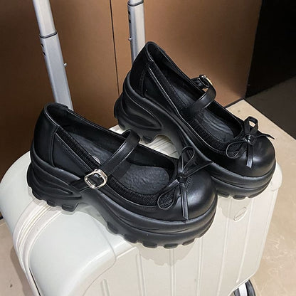 Leather Accent Mary Bow Jane Platform Faux Shoes