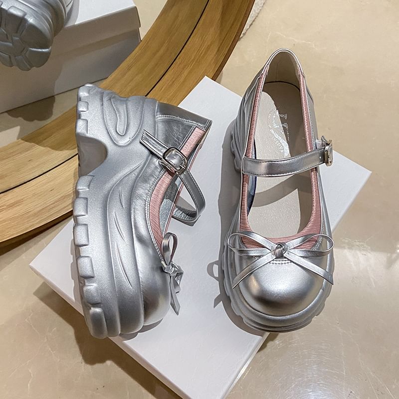 Leather Accent Mary Bow Jane Platform Faux Shoes