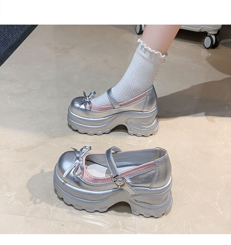 Leather Accent Mary Bow Jane Platform Faux Shoes