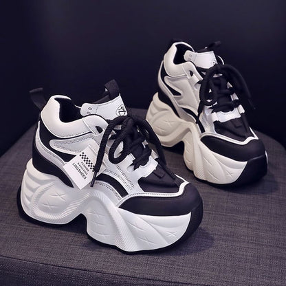 Applique Faux Wedge Sneakers Lace-Up Hidden Leather